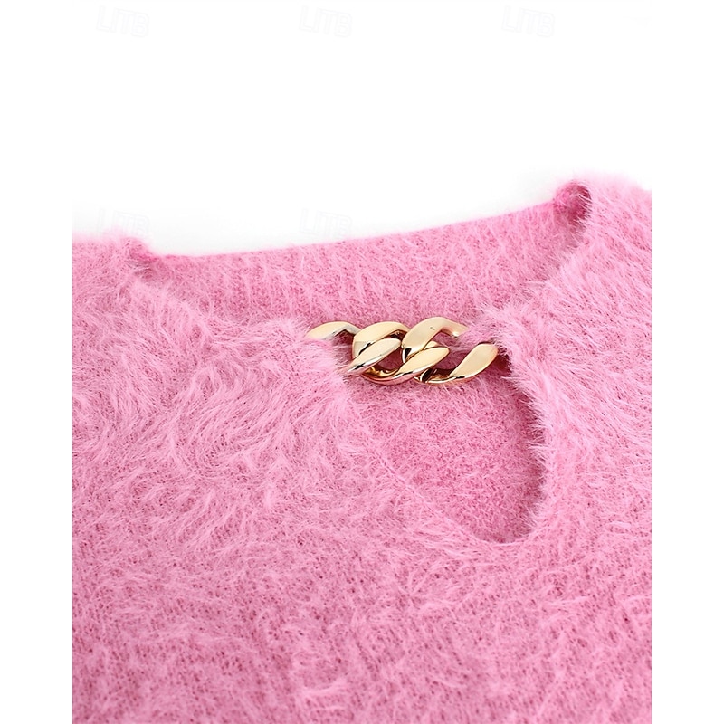 Women's Sweater Fashion Casual Soft Pure Color Ribbed Crew Neck Off Shoulder Knitted Cold Shoulder Long Sleeve Regular Tops Knit Outdoor Daily Weekend Pink Fall Winter3