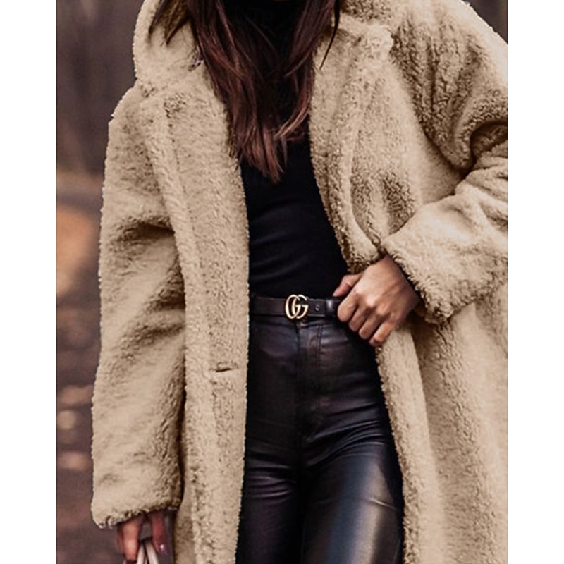 Women's Winter Coat Fleece Jacket Warm Comfortable Pocket Buttons Fashion Casual Plain Vacation Street Casual Daily Wear Single Breasted Long Hooded Regular Fit Long Sleeve Outerwear Apricot Fall2