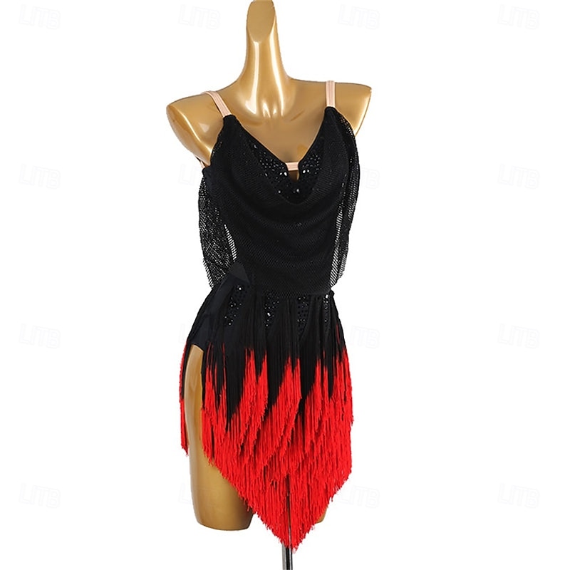 Women's Black and Red Latin Dance Dress with Sequin Detailing, Fringe Skirt, Adjustable Straps – Ideal for Salsa, Cha Cha, and Performance Wear2
