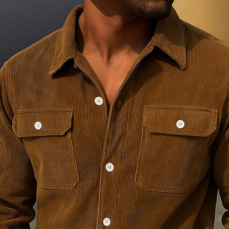Men's Corduroy Shirt Black Purple Brown Gray Long Sleeve Plain Turndown School Training Pocket Clothing Apparel Vintage Classic Casual3