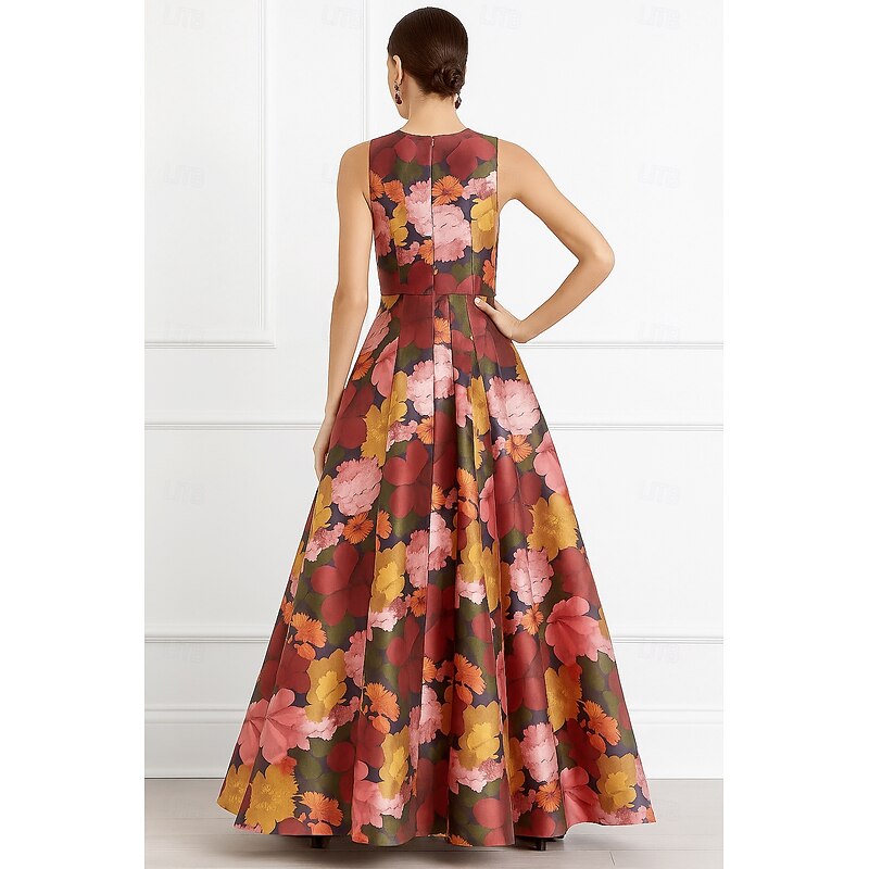 A-Line Evening Gown High Split Dress Beach Wedding Formal Wedding Guest Floor Length Sleeveless V Neck Pocket Satin with Floral Print Slit Pocket Race Day Dress Wedding Guest Dress2