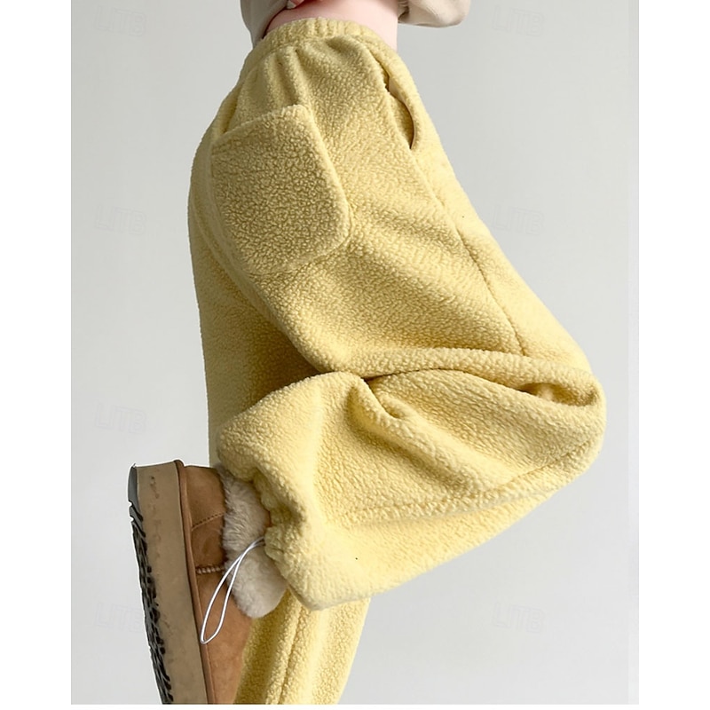 Women's Culottes Wide Leg Fleece Pants Streetwear Casual Full Length Medium Waist Plain Pocket Elastic Waist Leg Drawstring Comfortable Micro-elastic Vacation Street Daily Black White Yellow Khaki2