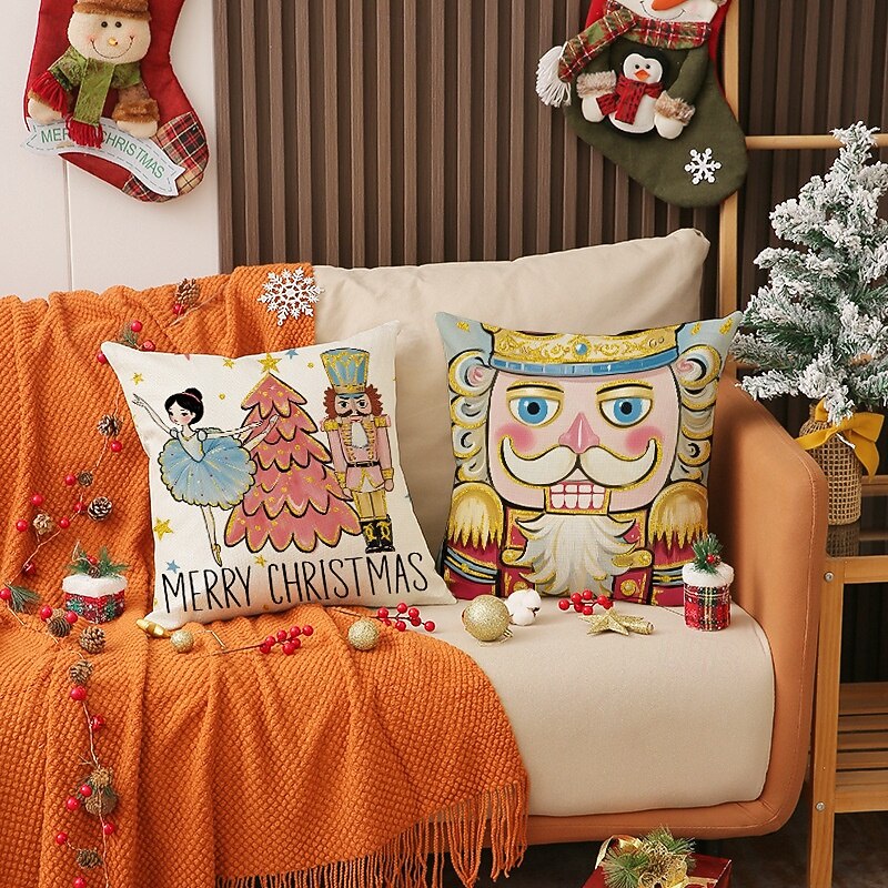 New Christmas Nutcracker Pillow Cover, Linen Printed Decorative Cushion, Cartoon Wooden Soldier Throw Pillow for Holiday Home Decor3