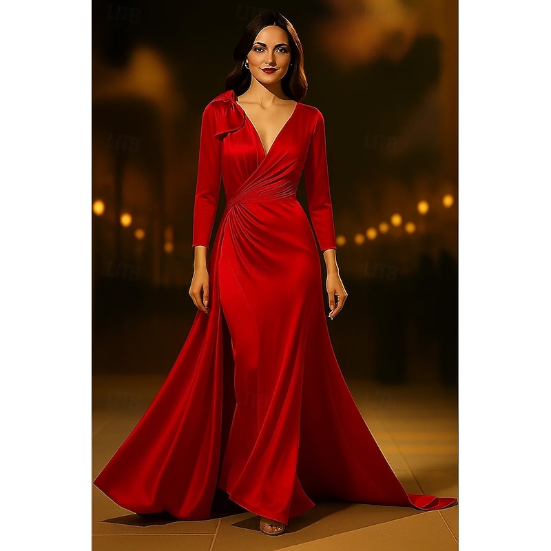 Gold A-Line Evening Gown Elegant Dress Formal Wedding Sweep / Brush Train 3/4 Length Sleeve V Neck Satin with Bow(s) Ruched 2025