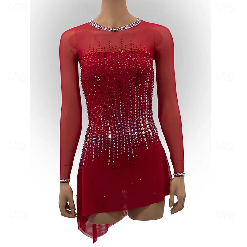 Figure Skating Dress Women's Girls' Ice Skating Dress Patchwork Asymmetric Hem High Elasticity Training Competition Skating Wear Classic Crystal / Rhinestone Long SleeveIce Skating Figure