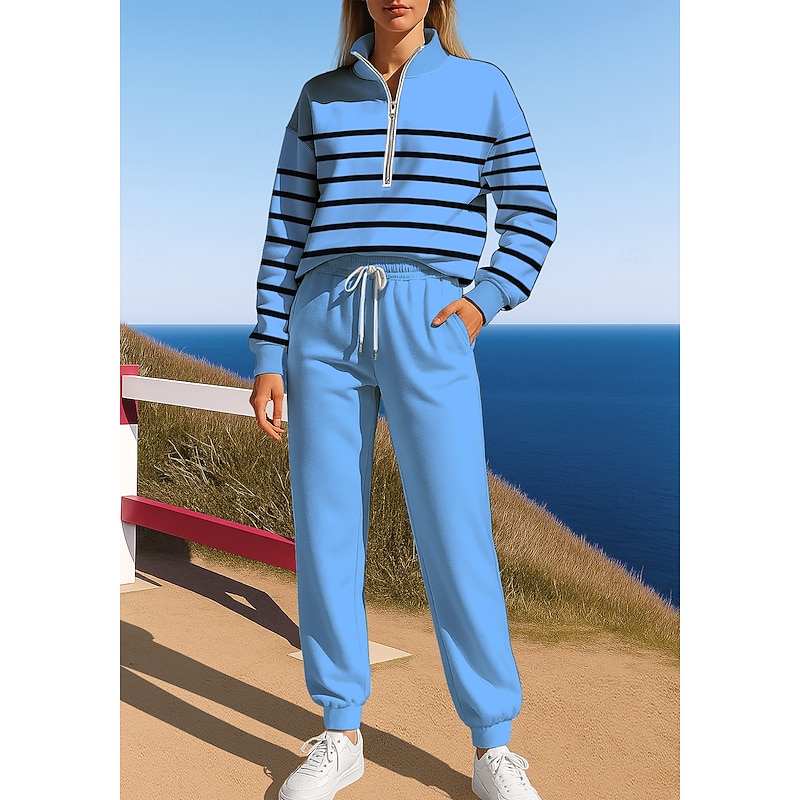 Women's Sweatshirt Tracksuit Sweatsuit Drawstring Zipper Geometric Jacket and Sweatpants Athletic Clothing Set Spring Blue Purple Casual Workout Outdoor Soft Baggy Long Sleeve Sport Activewear