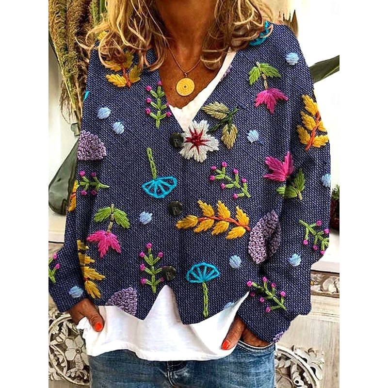 Women's Sweater Cardigan Elegant Vintage Fashion Floral Graphic Butterfly V Neck Pocket Knitted Print Long Sleeve Regular Tops Knit Outdoor Daily Weekend Ginger Green Fall Winter3