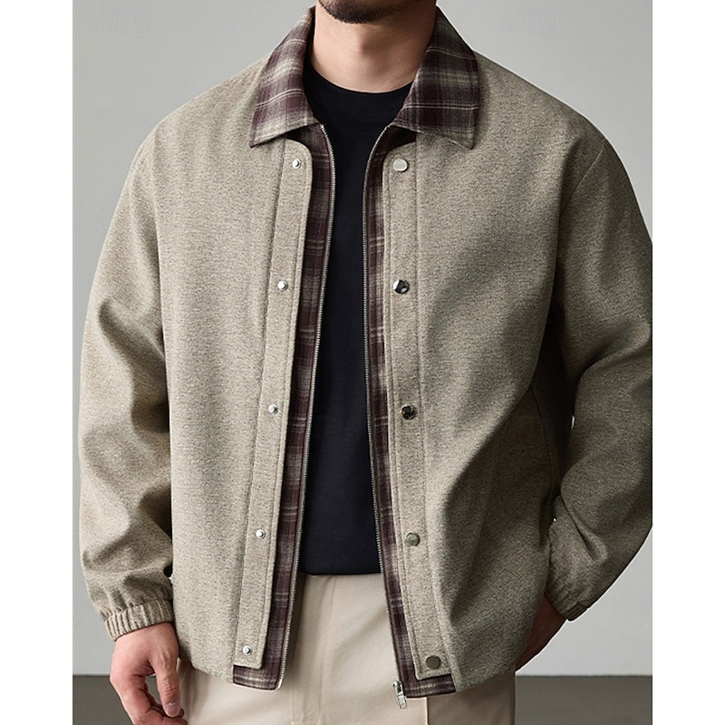 Men's Jacket Casual Jacket Vacation Daily Warm Pocket 2 in 1 Fall Winter Plaid Fashion Classic Lapel Regular Black Khaki Jacket