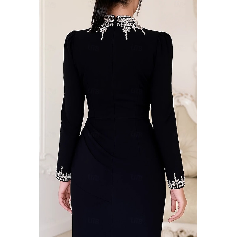Black Crystal-embellished Couture Style Mermaid / Trumpet Sheath / Column Evening Gown Elegant Formal Dress Formal Wedding Floor Length Long Sleeve High Neck Stretch Crepe V Back with Pleats 20253