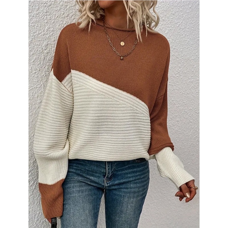Women's Sweater Casual Soft Pure Color Ribbed Crew Neck Patchwork Knitted Long Sleeve Regular Tops Knit Outdoor Daily Weekend Navy Blue Brown Fall Winter4