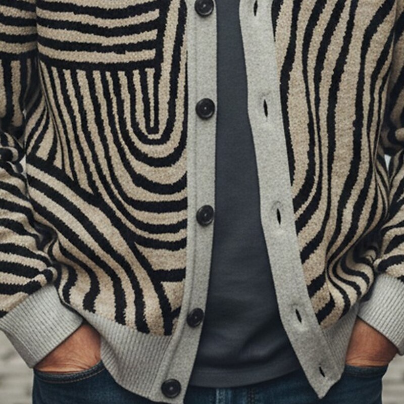 Christmas Men's Geometic Plaid / Striped / Chevron / Round Sweater Cardigan Sweater V Neck Retro Vintage Casual Outdoor Home Party Buckle Long Sleeve Fall Winter Khaki Grey3