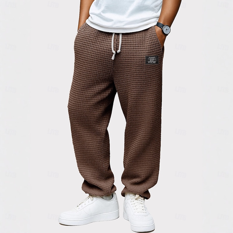Men's Waffle Sweatpants Trousers Baggy Pants Casual Pants Drawstring Straight Leg Solid Color Comfort Full Length Outdoor Casual Daily Fashion Retro Vintage Black White Stretchy