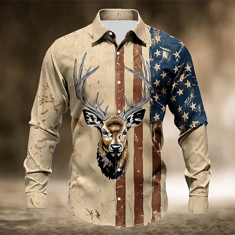 Men's Reindeer American US Flag Shirt Button Up Shirt Long Sleeve Vintage Retro Outdoor Camping & Hiking Hunting Spring Fall Turndown 3D Print Linen Like Shirt Light Khaki Khaki4
