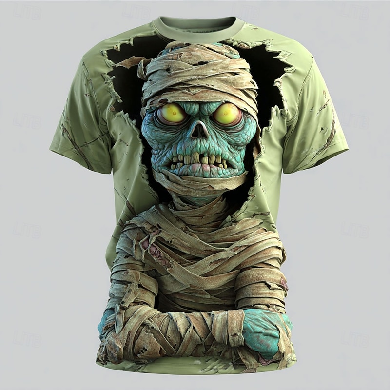 Halloween Men's Optical Illusion Zombies 3D T Shirt Short Sleeve T shirt 3D Print Crew Neck Shirt Exaggerated Designer Horror Party Street Club Blue Purple Brown Summer Spring All Seasons Clothing