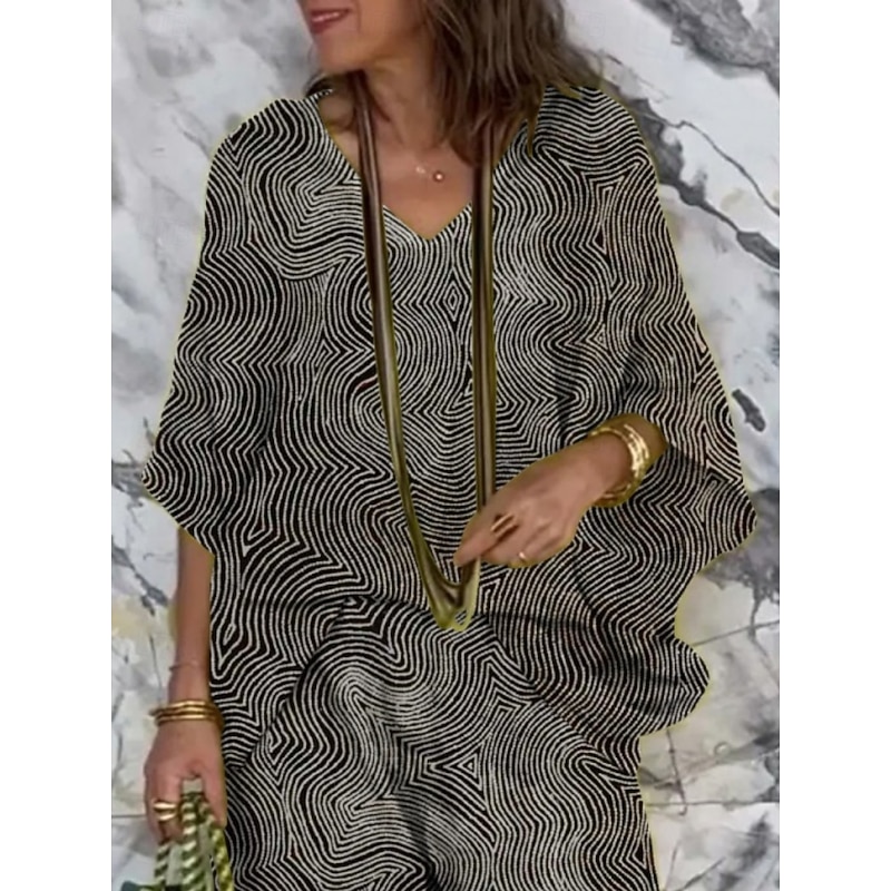 Women's Vacation Fashion Pants Sets 3/4 Length Sleeve V Neck Striped Print Vacation Daily Holiday Khaki Summer Regular Fit2