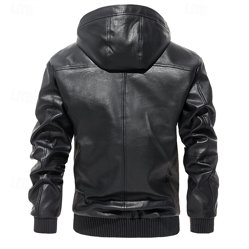 Men's Faux Leather Jacket Motorcycle Jacket Vacation Daily Windproof Warm Pocket Fall & Winter Plain Fashion Classic Hooded Regular Black Wine Brown Jacket4