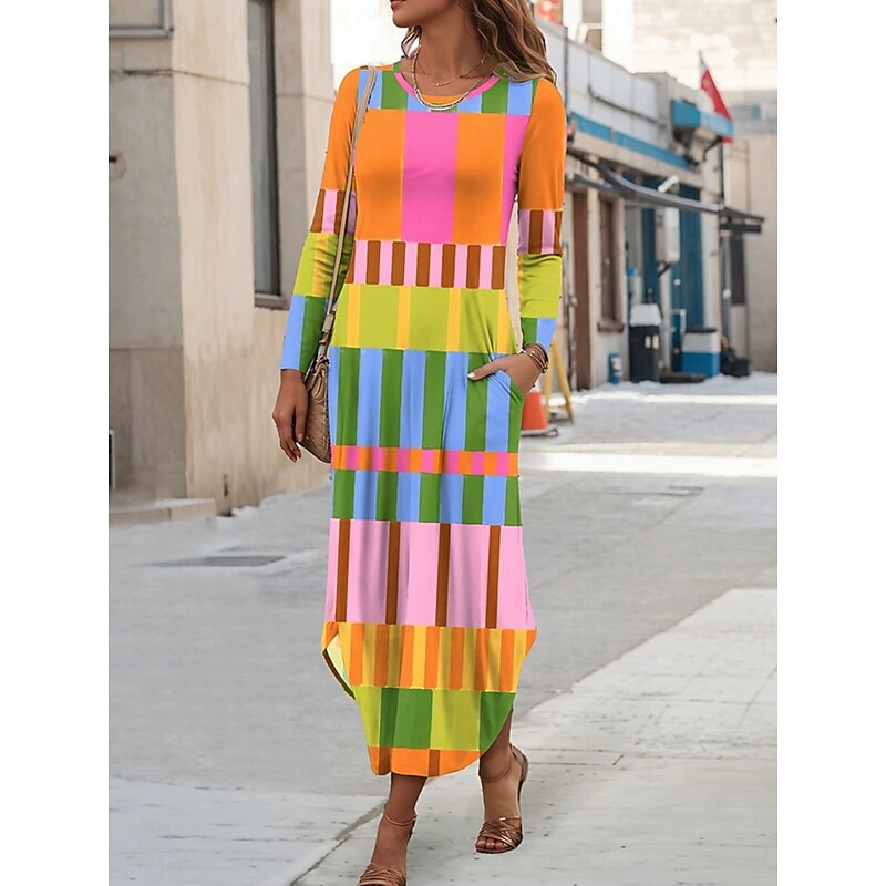 Women's Maxi Dress Sheath Dress T Shirt Dress Tee Dress Vacation Casual Boho Holiday Date Regular Fit Graphic Geometric Abstract Long Sleeve Crew Neck Yellow Blue Purple Orange Spring Fall Winter