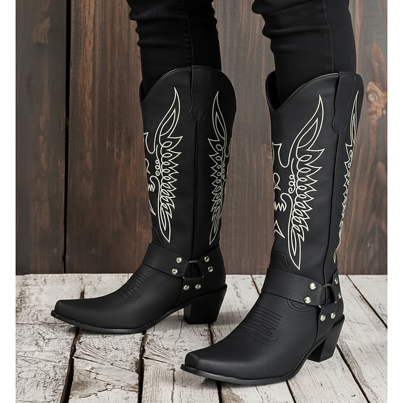 Men's Black Western Cowboy Boots – Embroidered Design with Harness Strap and Metal Stud Details, Ideal for Rodeo, Ranch, and Casual Wear3