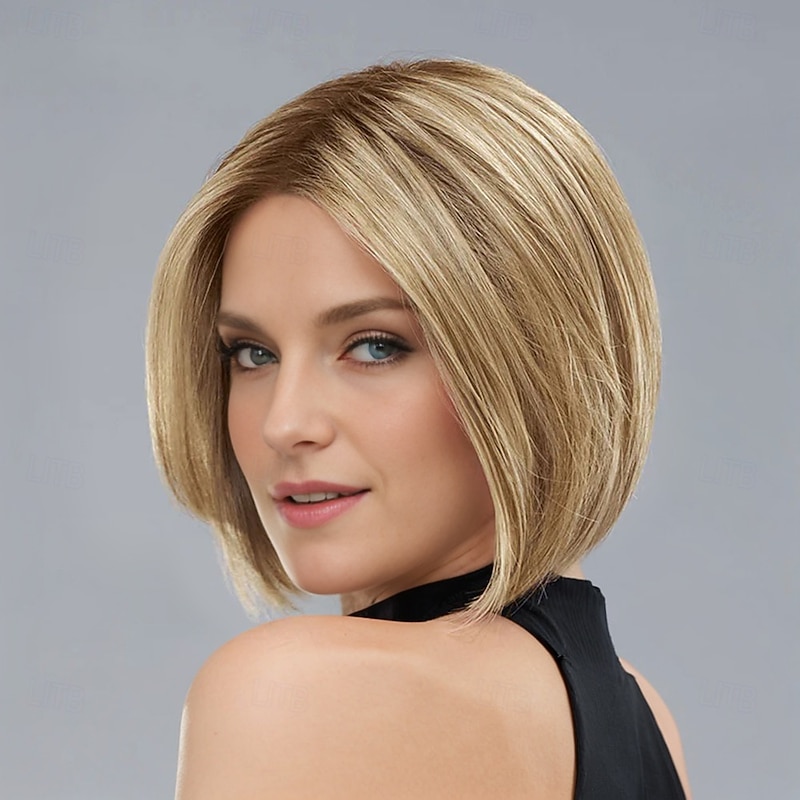 Women’s Blonde Brown Highlight Short Straight Bob Wig Natural Looking Realistic Synthetic Hair Heat Resistant Side Part Elegant Daily Wear Fashion Style