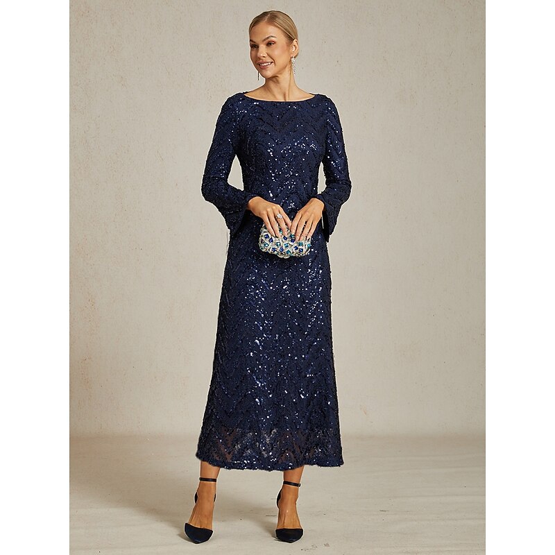 Women's Midi Dress Sheath Dress Elegant Party Birthday Party Evening Party Cocktail Party Regular Fit Solid Color Geometric Long Sleeve Crew Neck Boat Neck Navy Blue Spring Fall Winter