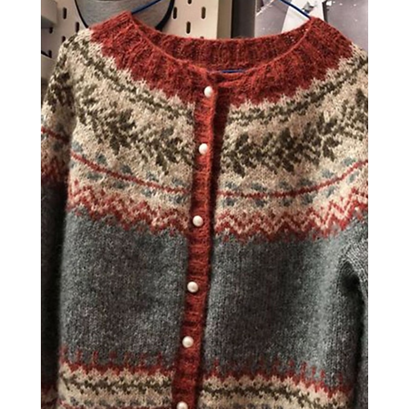 Women's Sweater Cardigan Streetwear Casual Floral Cable Crew Neck Buttons Knitted Print Long Sleeve Regular Tops Knit Daily Going out Weekend Gray Fall Winter2