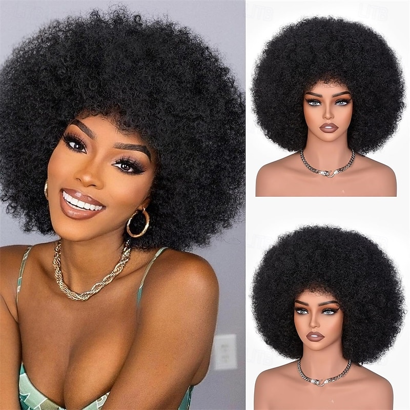 Afro Wigs for Black Women 70s Afro Kinky Curly Wig with Bangs Bouncy Huge Fluffy Puff Wigs Synthetic Hair for Cosplay Daily and Party 14Inch