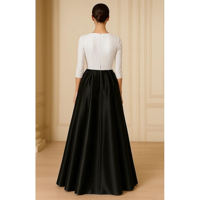 Black and White Sequined A-Line Evening Gown Elegant Formal Dress Formal Wedding Floor Length 3/4 Length Sleeve V Neck Pocket Satin with Pleats Slit 20252