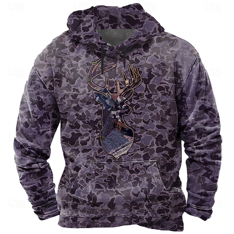 Men's Camo Deer Hoodie Sweatshirt Fashion Classic Crew Neck Outdoor Hunting Purple Brown Drawstring Fall Winter Designer3