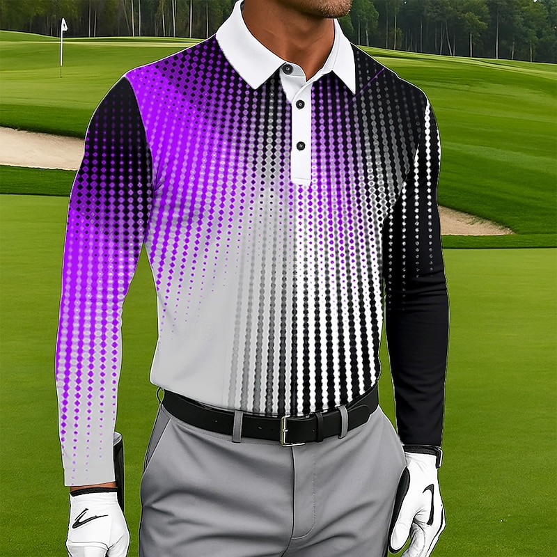 Men's Geometic Golf Polo Long Sleeve Polo Shirts Lapel Casual Outdoor Athleisure Daily Wear 3D Print Buttons Spring Fall Winter Red Blue Purple2