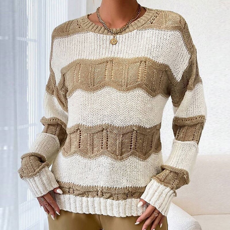 Women's Sweater Pullover Streetwear Casual Striped Cable Crew Neck Patchwork Knitted Long Sleeve Regular Tops Knit Holiday Going out Weekend Apricot Fall Winter