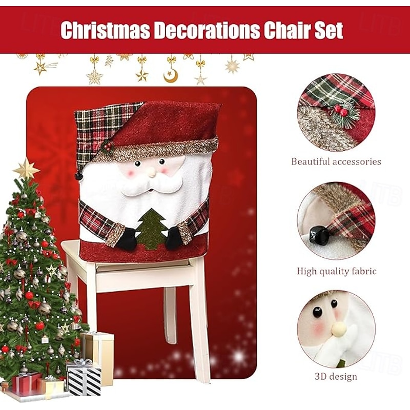 3PCS Christmas Chair Covers Xmas Festive Santa Snowman Elk Chair Back Slipcovers, Holiday Dining Room Decoration, Xmas Home Decor Accessories3