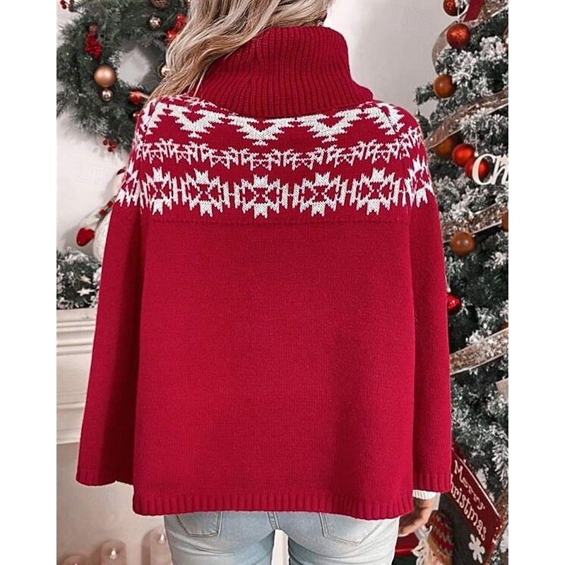 Women's Sweater Shrug Fair Isle Sweater Fashion Casual Geometric Ribbed Turtleneck Knitted Long Sleeve Regular Tops Knit Christmas Outdoor Daily Red Fall Winter2