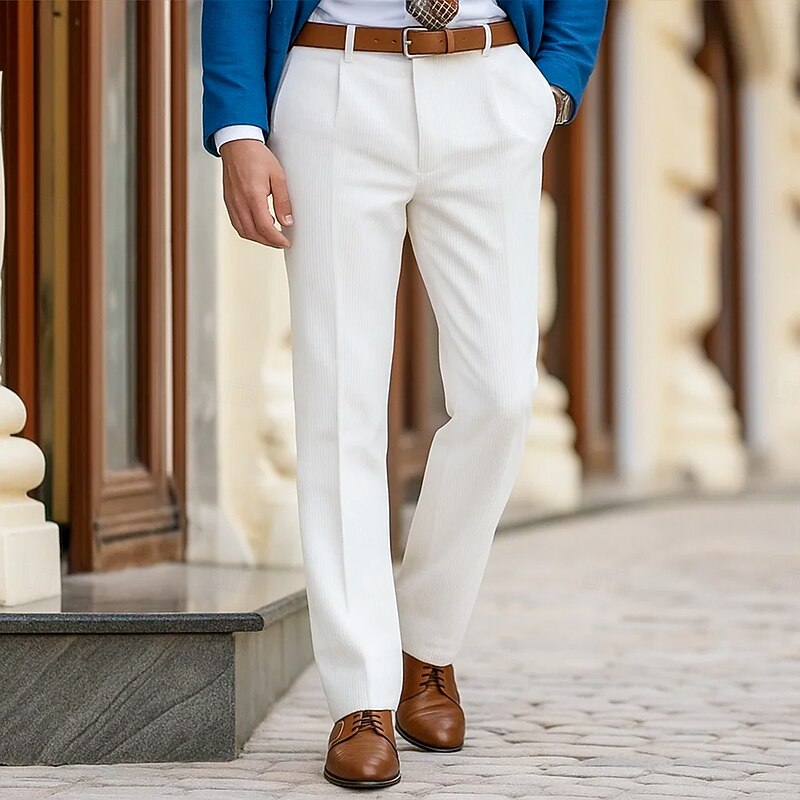 Men's Trousers Dress Pants Corduroy Pants Casual Pants Drawstring Solid Color Comfort Full Length Outdoor Business Daily Fashion Classic Style White Navy Blue Micro-elastic3