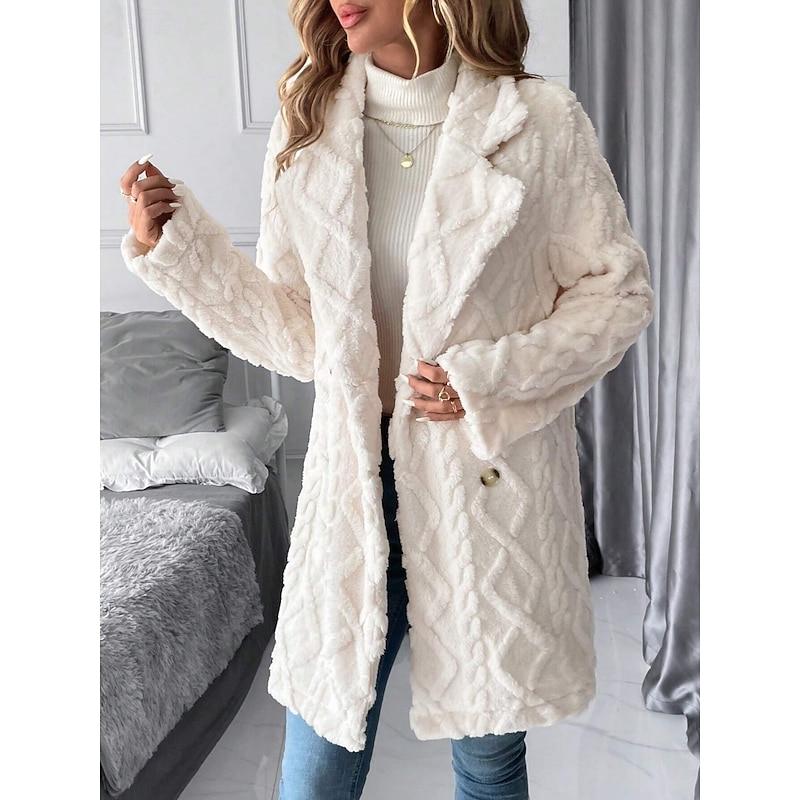 Women's Sherpa Jacket Comfortable Breathable Buttons Casual Plain Vacation Street Casual Daily Wear Double Breasted Long Turndown Regular Fit Long Sleeve Outerwear White Spring Fall2