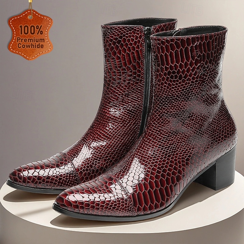 Men's Genuine Leather Burgundy Crocodile Pattern Zipper Boots – Retro Ankle Boots for Business, Evening Parties and Special Occasions