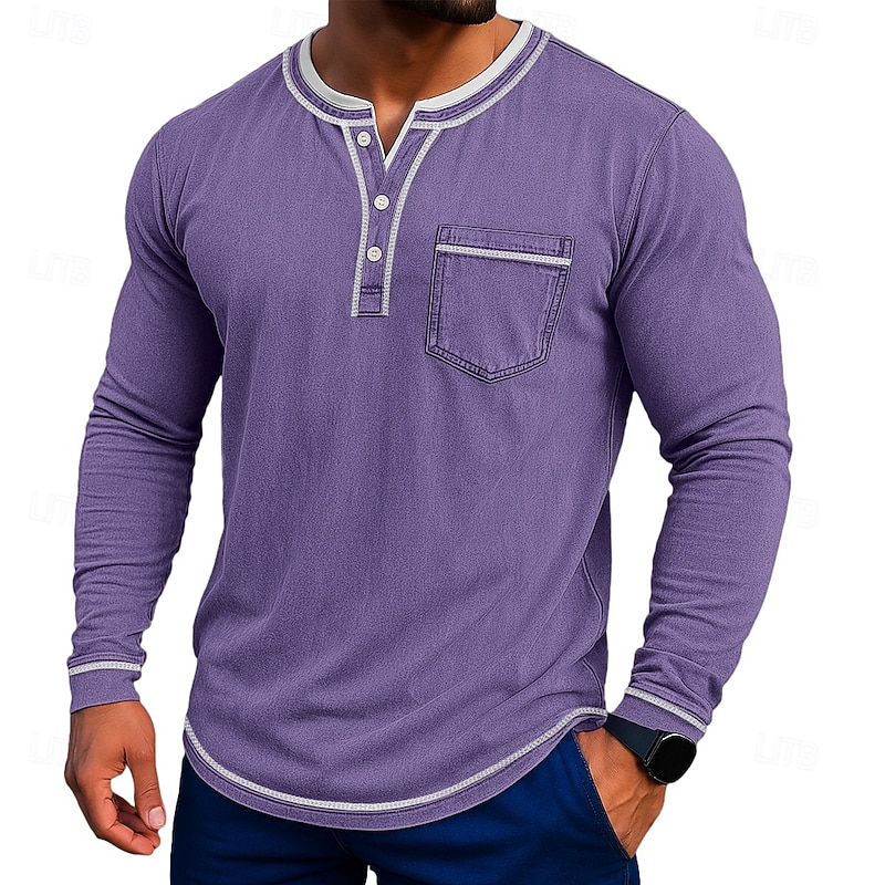 Men's Henley Shirt Long Sleeve Henley Spring Fall All Seasons Vintage Retro Vintage Casual 2 in 1 Front Pocket Casual Gray Wine Purple Top Tee for Men2