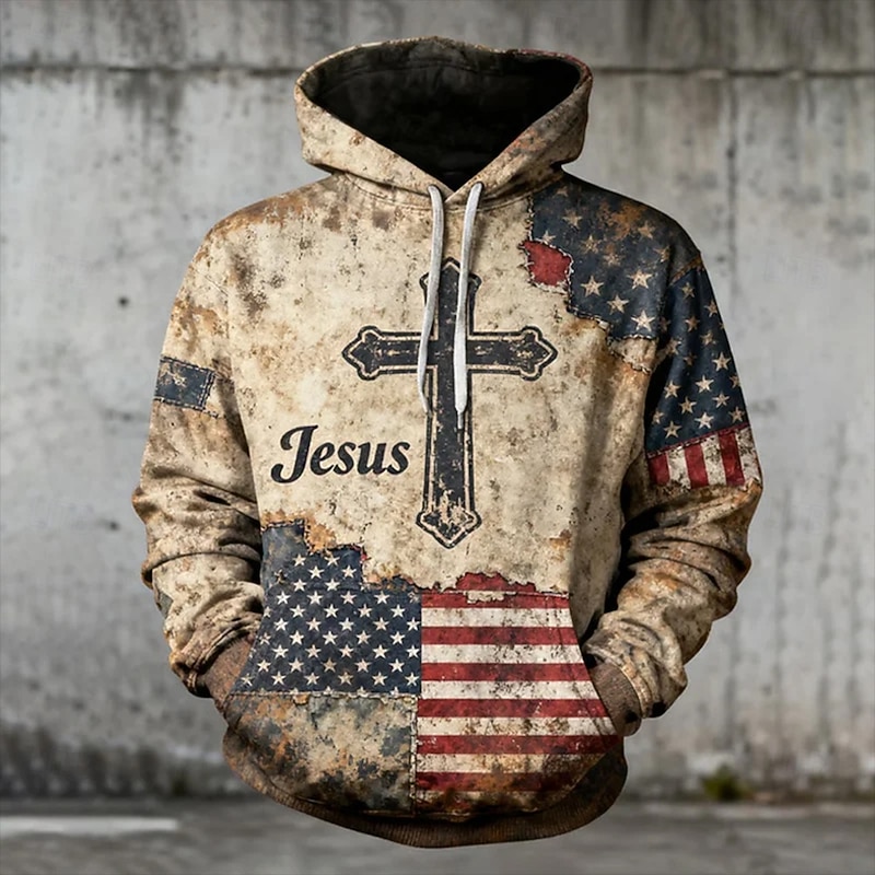 Men's American Flag Jesus Hoodie Fashion Daily Hooded Vacation Party Streetwear Khaki Printing Fall Winter Designer