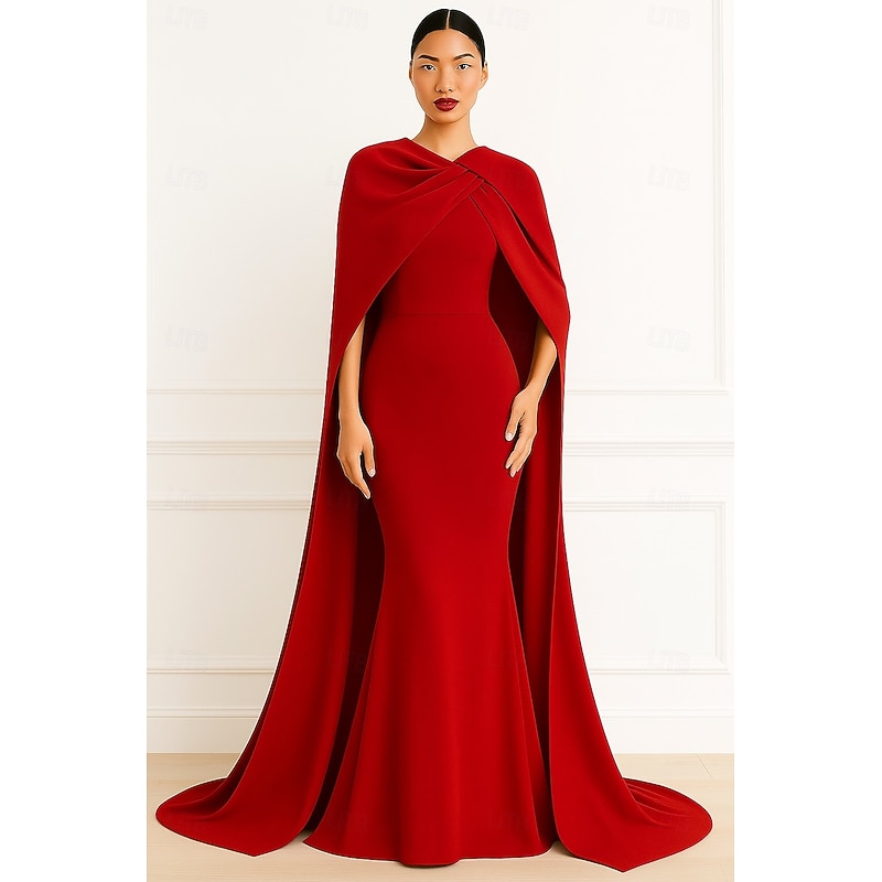 Mermaid / Trumpet Sheath / Column Evening Gown Elegant Formal Dress Formal Wedding Floor Length Sleeveless High Neck Capes Stretch Crepe with Shawl 2025
