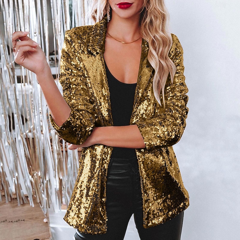 Women's Tuxedo Sequined Gold Blazer Formal Wedding Christmas Sequined Elegant Glitters Sparkle Long Sleeve