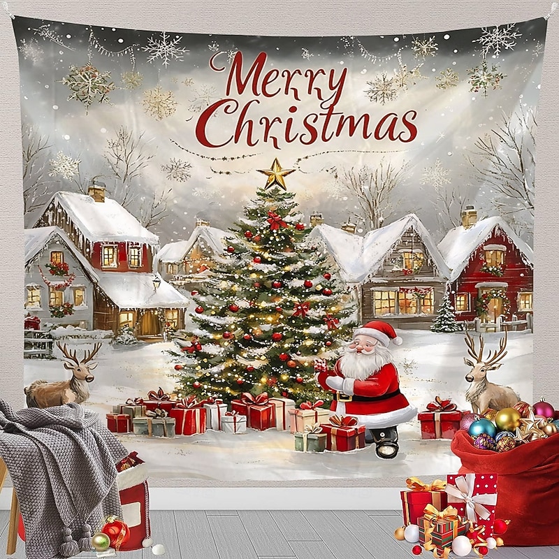 Chrismas Hanging Tapestry Merry Christmas Christmas Tree Snowman Snowflakes Large Wall Art Mural Decor Blanket Curtain Holiday Home Bedroom Living Room Festive Seasonal Party Celebration Decoration