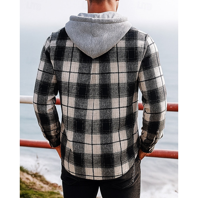Men's Flannel Jacquard Jacket Hoodie  Shirt Jacket with Pockets Long Sleeve Top Athleisure Plaid Checkered Windproof Warm Hiking Travel Vacation Sportswear Activewear Black Red Khaki2