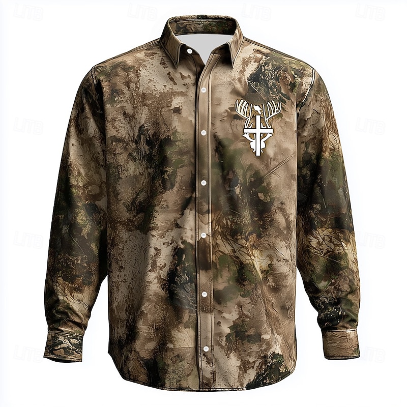 Men's Camo Camouflage Cross Shirt Western Shirt Cowboy Shirt Long Sleeve Vintage Retro Outdoor WorkWear Hunting Spring Fall Turndown 3D Print Linen Like Shirt Button Up Shirts Camouflage khaki2