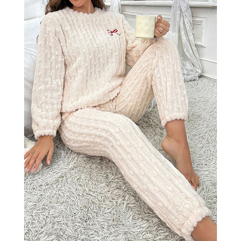 Women's Loungewear Pajama Set 2 Pieces Casual Comfort Pure Color Elastic Waist T Shirt Pant Home Daily Long Sleeve Crew Neck Beige Fall Winter Regular Fit