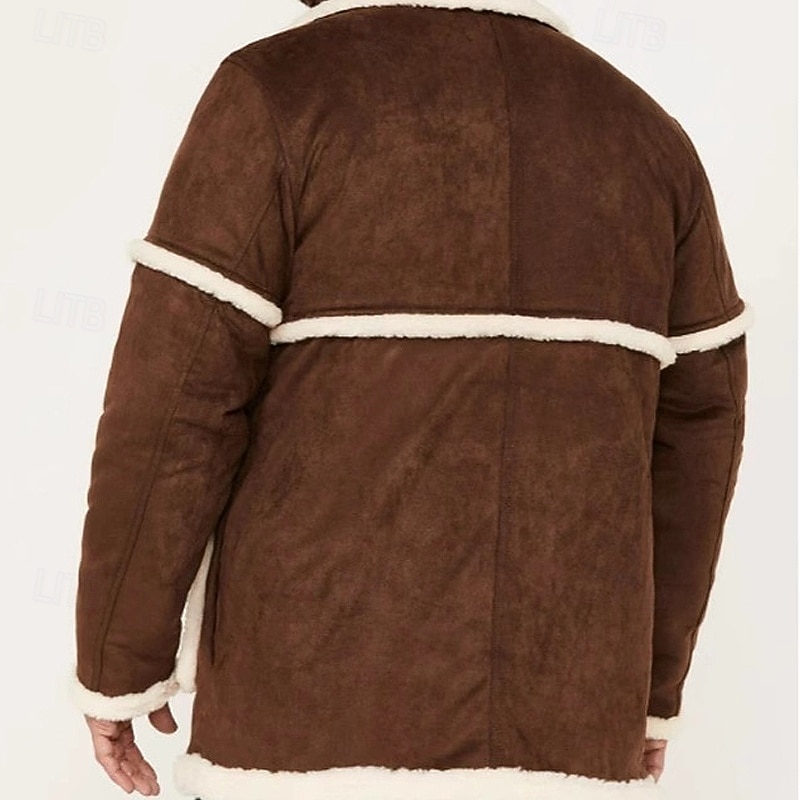 Men's Faux Suede Jacket Winter Jacket Sherpa Jacket Vacation Daily Thermal Warm Pocket Fleece Winter Color Block Fashion Streetwear Lapel Regular Khaki Coffee Jacket3