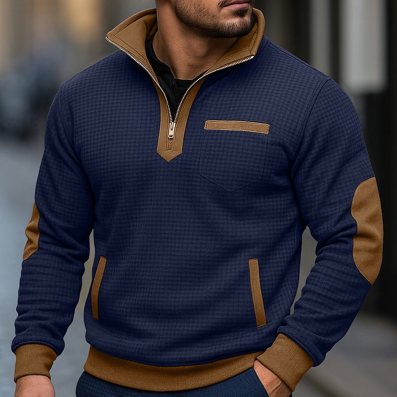 Men's Zip Up Sweatshirt Waffle Sweatshirt Pullover Black Navy Blue Half Zip Plain Pocket Work Sports & Outdoor Casual Active Vintage Cool Spring Fall Clothing Apparel Hoodies Sweatshirts2