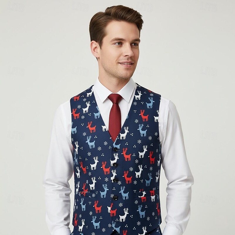 Reindeer Christmas Party Suit Three Piece Suit Blazer Men's Funny Christmas Lights Pattern Fancy Dress Adults Christmas New Year Party Trousers waistcoat Suit3