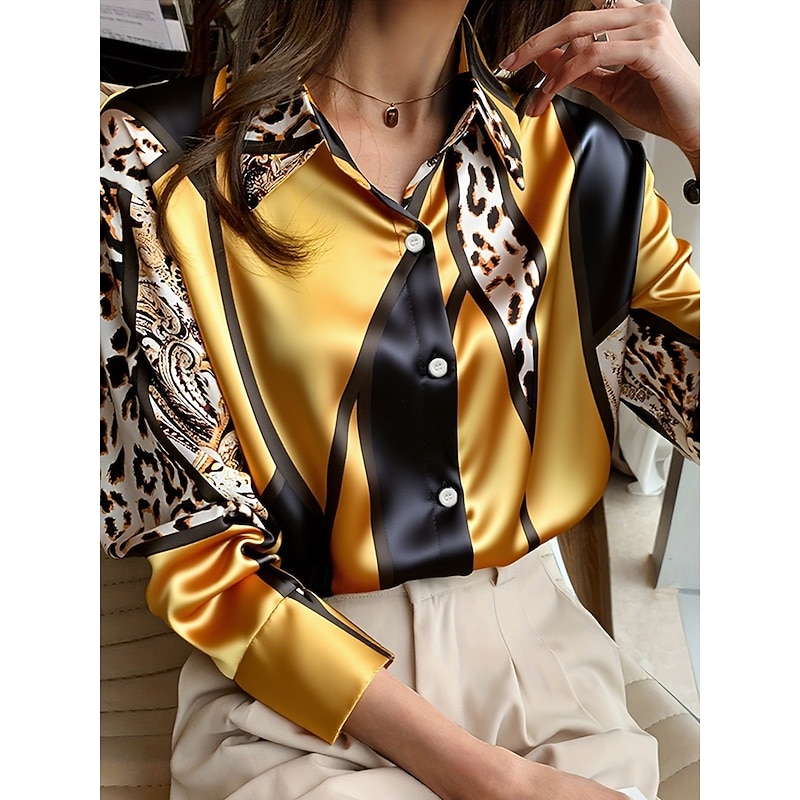 Women's Work Shirt Graphic Geometric Elegant Stylish Basic Long Sleeve Shirt Collar Regular Tops Work Party Evening Wear Daily Yellow Pink Khaki Spring, Fall, Winter, Summer2