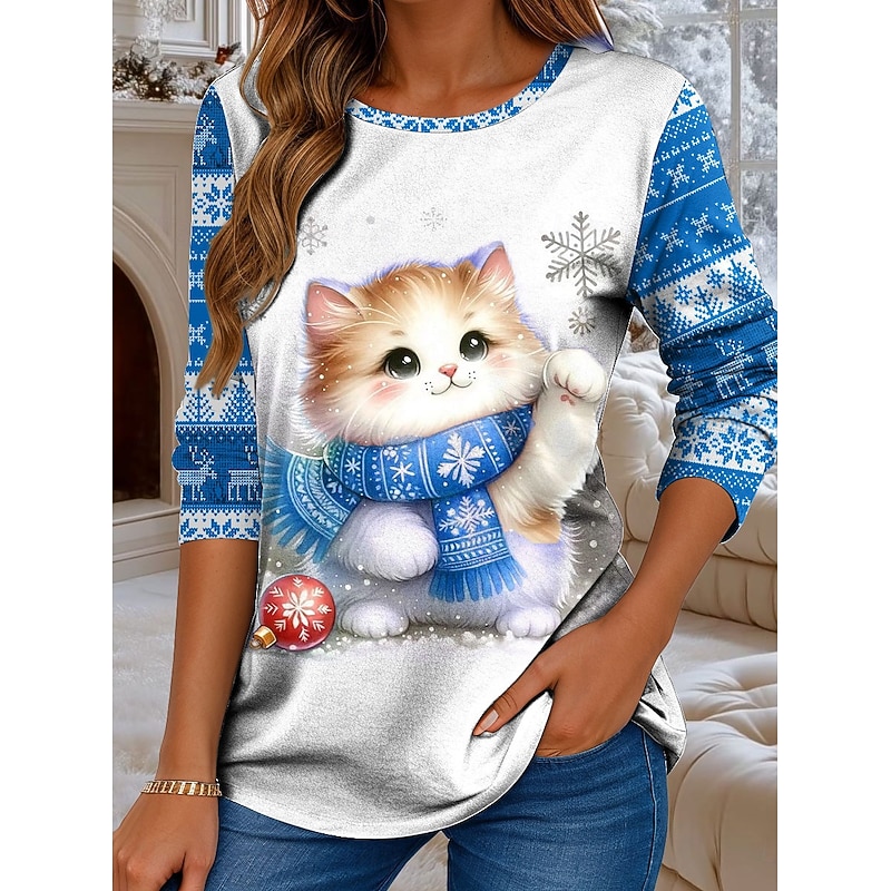 Christmas Women's T Shirt Graphic Cat Christmas Vintage Fashion Stylish Long Sleeve Crew Neck Regular Tops Daily Weekend Print Pink Red Blue Green Fall Winter