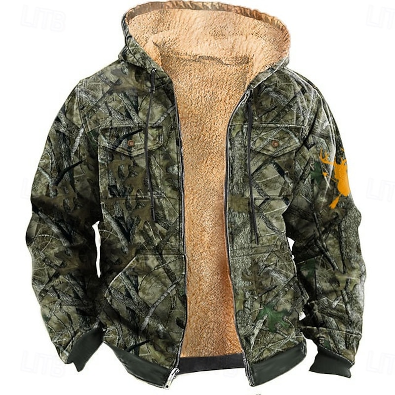 Men's Camo Camouflage Deer Fleece Hoodie Jacket Fashion Cool Hooded Hunting Red Blue Zipper Pocket Fall Winter Designer4