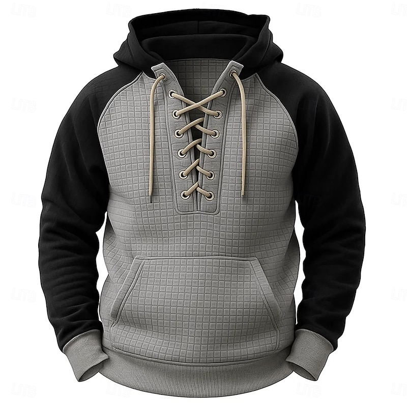 Men's Hoodie Sweatshirt Waffle Sweatshirt Pullover Hoodie Sweatshirt Pullover Army Green Navy Blue Blue Khaki Gray Hooded Plain Lace up Patchwork Sports & Outdoor Casual Daily Streetwear Cool3